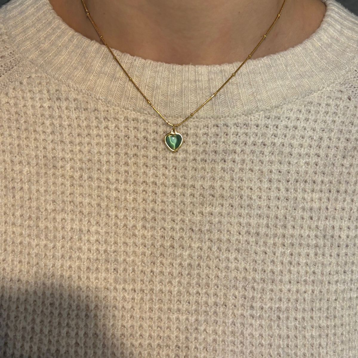 Cat Eye Heart Crystal Necklace- Stainless Steel