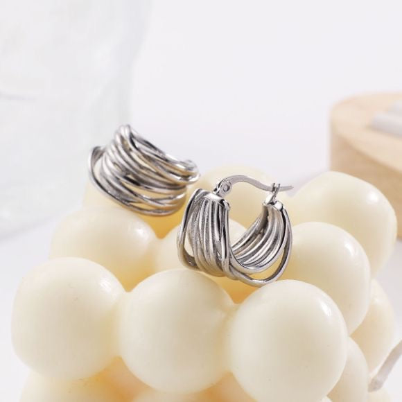 Ribbed Silver Hoops