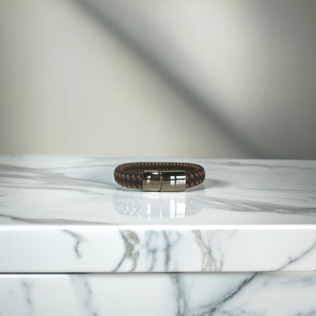 Pulsera tejida en marrón oscuro y claro con cierre de plata
