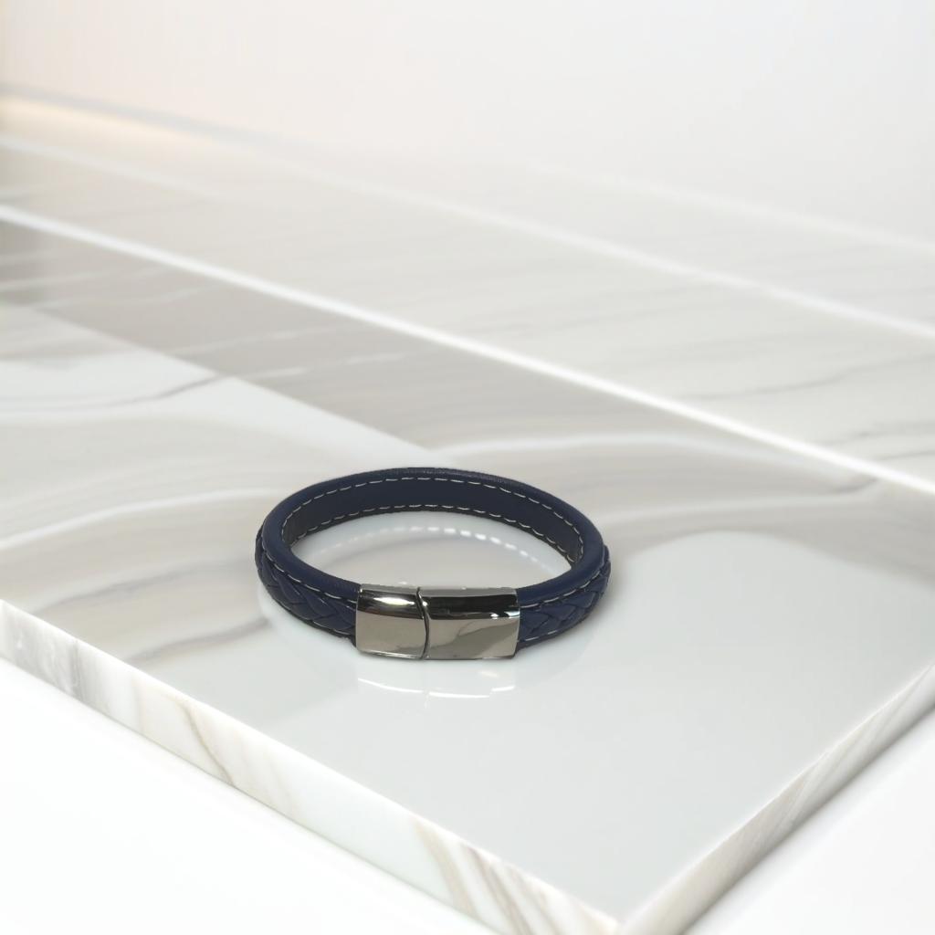 Pulsera de cuero azul marino con cierre de plata