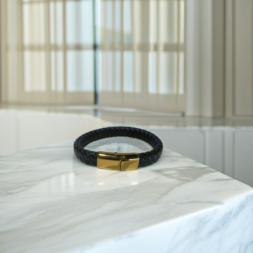 Pulsera negra y azul con cierre dorado