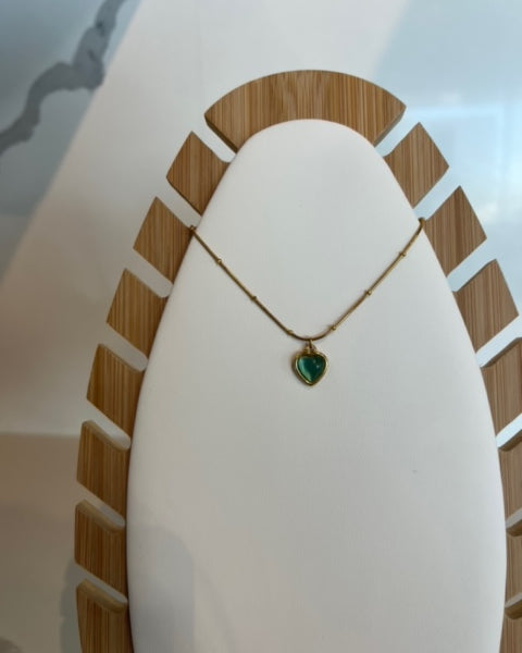 Cat Eye Heart Crystal Necklace- Stainless Steel