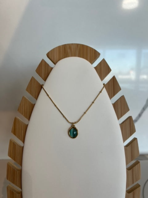 Cat Eye Oval Crystal Necklace - Stainless Steel Pendant