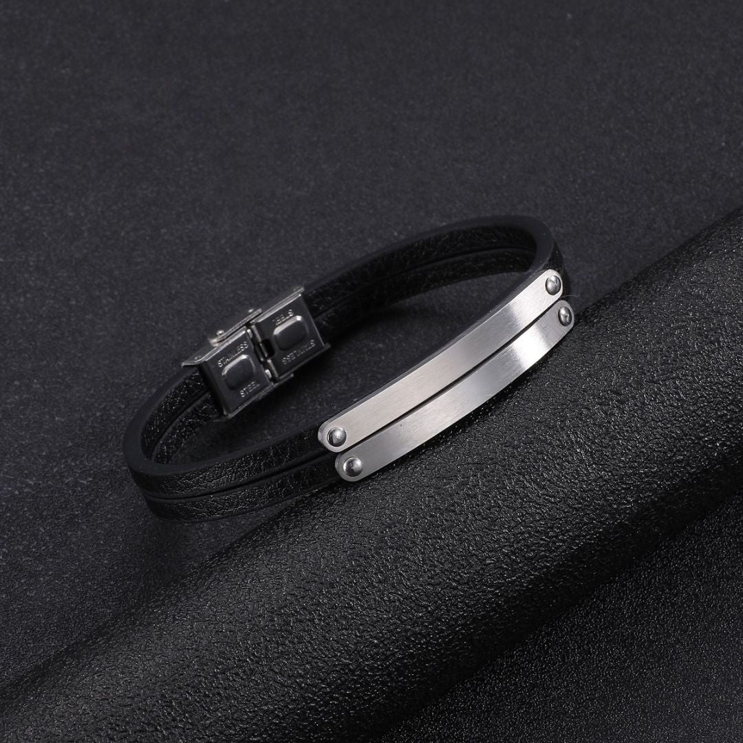 Black Leather Double Band Bracelet with Silver Plates