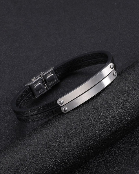 Black Leather Double Band Bracelet with Silver Plates