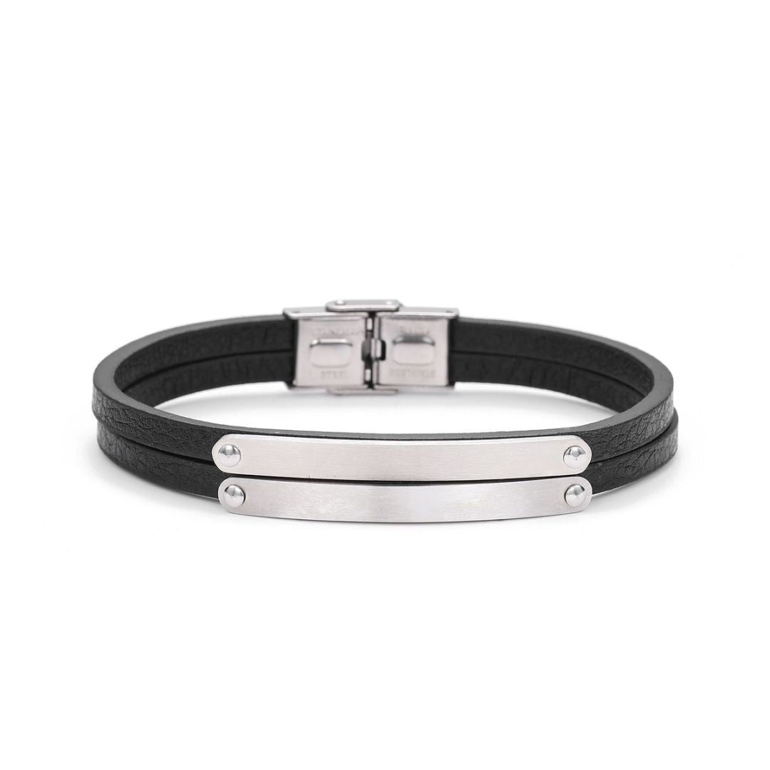Black Leather Double Band Bracelet with Silver Plates