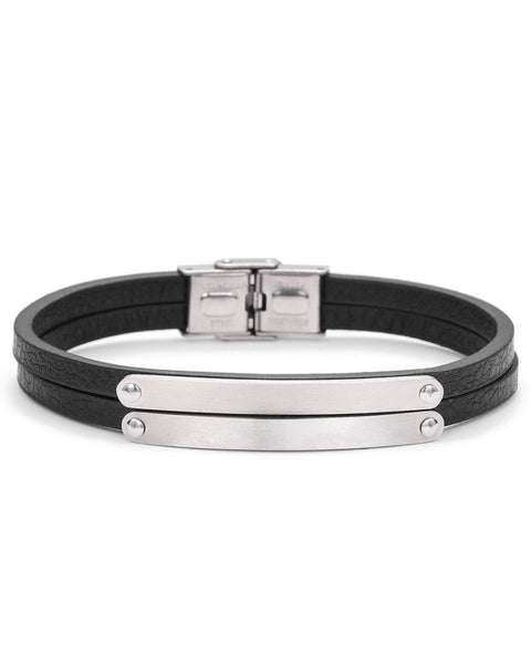Black Leather Double Band Bracelet with Silver Plates