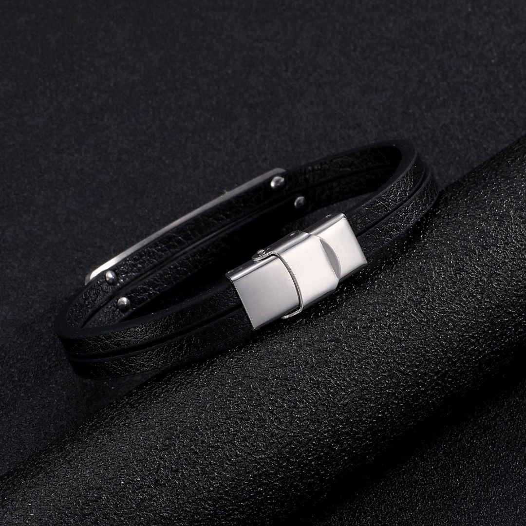 Black Leather Double Band Bracelet with Silver Plates