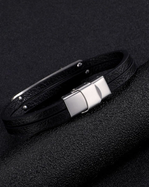 Black Leather Double Band Bracelet with Silver Plates