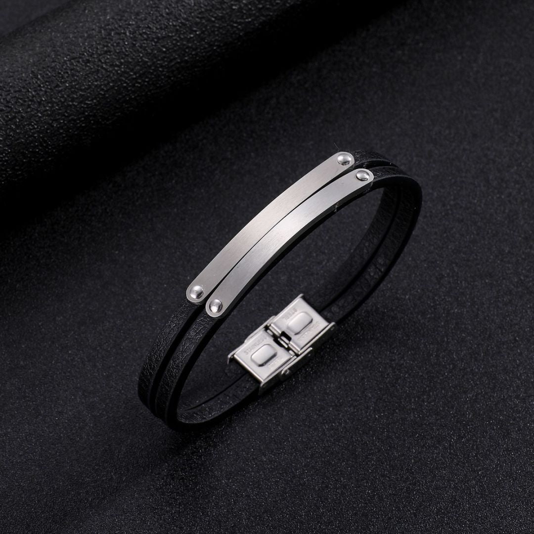 Black Leather Double Band Bracelet with Silver Plates