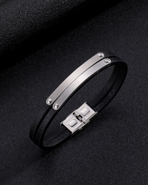 Black Leather Double Band Bracelet with Silver Plates